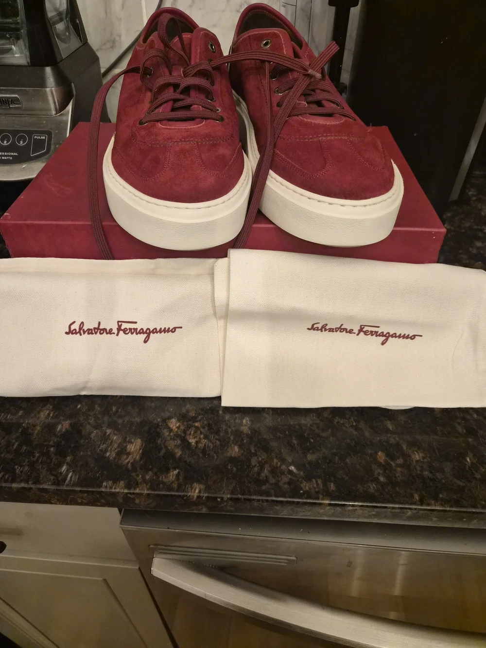 Men Salvatore Ferragamo Burgundy Suede Platform Sneakers